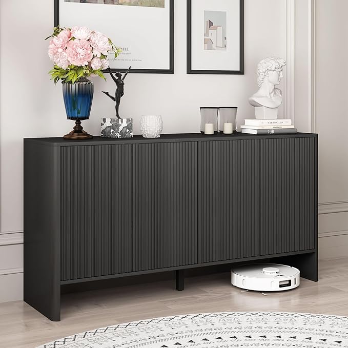 Fluted Sideboard with Doors & Shelves - Buffet & Credenza Storage - Under TV or Bedroom/Entryway Cabinet - Black
