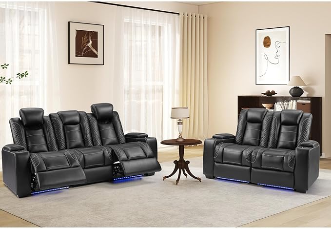 ANJ Power 3-Piece Electric Recliner Sofa and 2PCS Recliner Chairs with LED Lights, USB Charging & Storage, Faux Leather Living Room Furniture for Home Theater (Black)