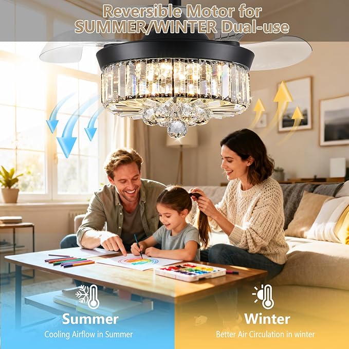 DuMaiWay 30" Chandelier Ceiling Fan with Light Crystal Fandelier Modern Reversible Ceiling Fan Dimmable Retractable Timer Remote APP Control for Dining Living Room Bedroom Black