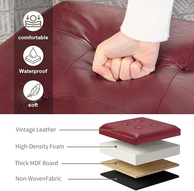 Adeco Faux Leather Storage Ottoman, 17.5" Square Cube Footstool for Living Room & Bedroom, Tufted Vanity Stool with Hinged Lid and Solid Wood Legs, Red