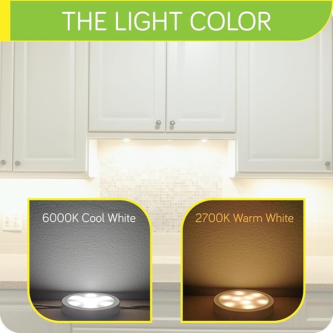 LED Kitchen Lighting, Linkable Under Cabinet Puck Light Kit, Wireless Remote Control Dimmable, 120V Wall Plug in Curio Accent Lighting Under Shelf Lights, 6 Lights, Cool White