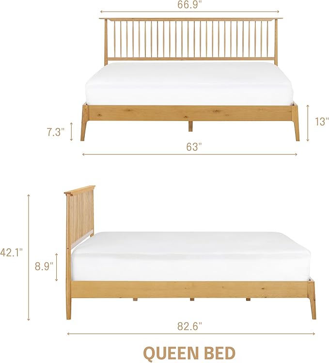 NTC Ruby Wooden Bed Frame with Headboard, Solid Wood Foundation with Silent Slats and Wood Central Supports, 1000 Lb Capacity, Effortless Assembly (Rustic Oak, Queen)