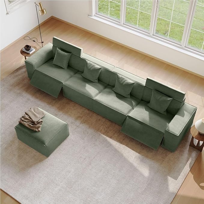 145" Power Sofa,Modular Sectional Couches for Living Room,Modern Large Sofa with Recliners,Comfy Velvet Cloud Couch with Deep Seat with 1 Ottoman,Pet Friendly,Free Combination for Home(Green)