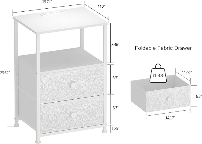 Tohomeor Sofa End Tables with Charging Station LED Light Nightstand Bedroom Bed Side Dresser with Fabric Drawers Open Storage Shelf Living Room with USB Ports and Outlet (White, 1 Pack)