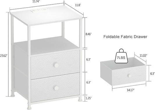 Tohomeor Sofa End Tables with Charging Station LED Light Nightstand Bedroom Bed Side Dresser with Fabric Drawers Open Storage Shelf Living Room with USB Ports and Outlet (White, 1 Pack)