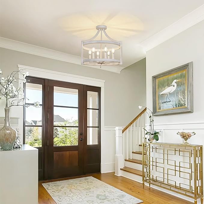 6-Light Farmhouse Chandelier, 19.3'' Vintage Chandeliers for Dining Room, Antique White Semi Flush Mount Ceiling Light, Rustic Metal Hanging Pendant Light Fixture for Entryway Foyer Hallway