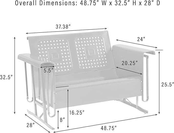 Crosley Furniture Bates Retro Metal Outdoor Loveseat Glider, 2-Person Rocking Patio Bench for Porch, Deck, Turquoise Gloss
