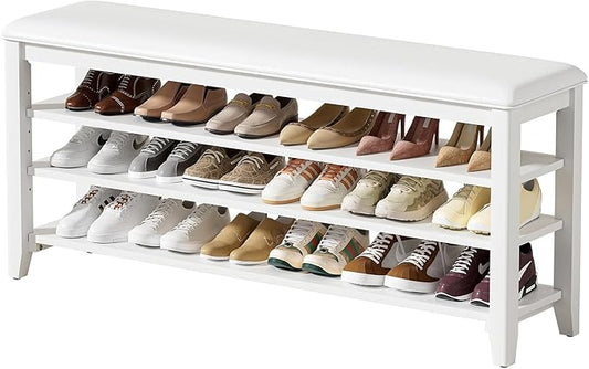 Shoe Bench Storage Rubberwood with Leather Cushion for Entryway Bench Ideal for Hallways Shoe Rack Front Doors Entrances Mudrooms Featuring 3 Height-Adjustable and Removable Shelves