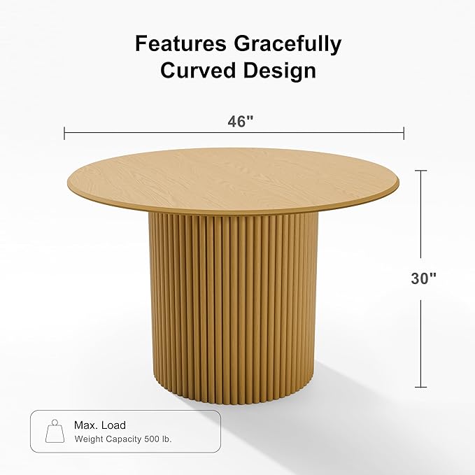 Casaphoria 46" Round Dining Table, Modern Wood Kitchen Table with Cylinder Stripe Base for Living Room & Dining Room, Easy Assembly Farmhouse Furniture for 4-6, Oak