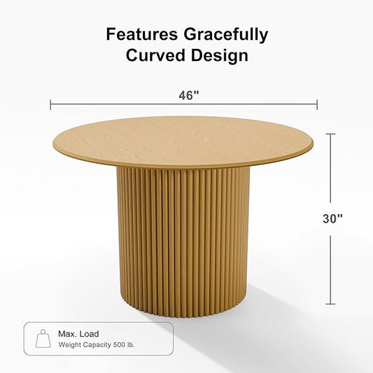 Casaphoria 46" Round Dining Table, Modern Wood Kitchen Table with Cylinder Stripe Base for Living Room & Dining Room, Easy Assembly Farmhouse Furniture for 4-6, Oak