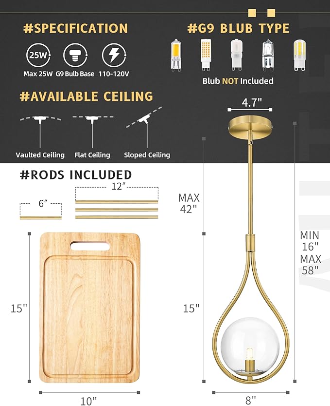AUTELO 2 Pack Gold Pendant Lights, Hanging Lamp in Brushed Gold Finish with Clear Globe Glass, Mid Century Pendant Lights Kitchen Island with Adjustable Rods for Kitchen H9377 CLBG-2PK
