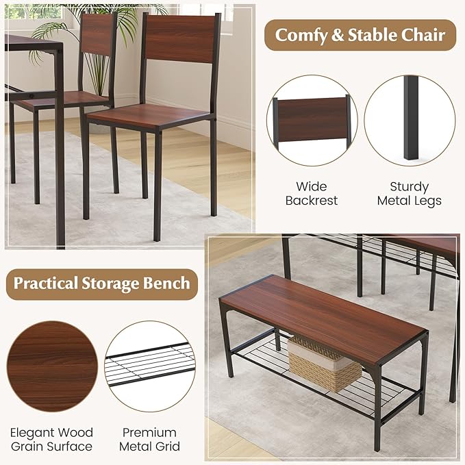 COSTWAY 4 Pieces Dining Table Set, Kitchen Table and 2 Chairs for 4 with Bench, Storage Racks, Metal Frame & Space-Saving Design, Industrial Kitchen Table Set for Small Space, Apartment (Walnut)