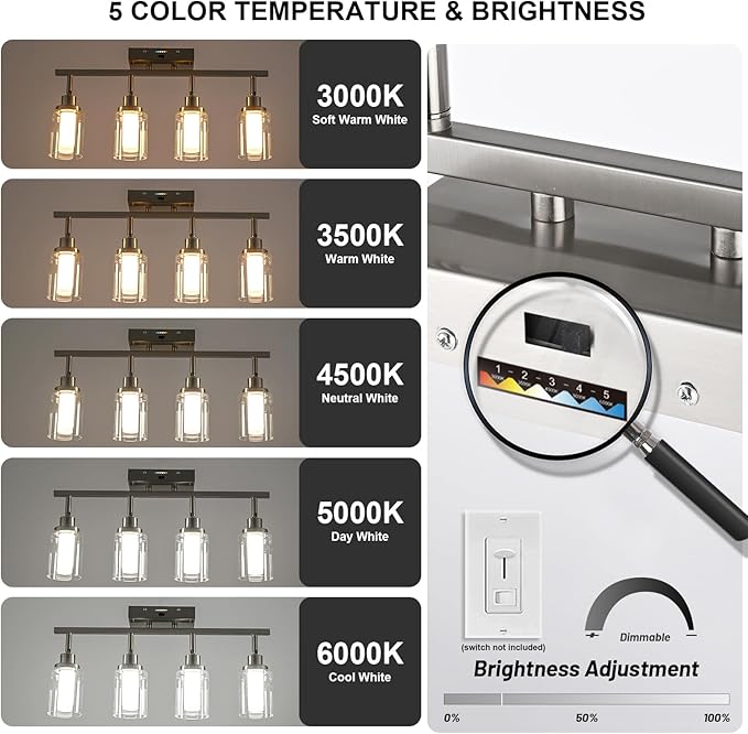 4-Light LED 5-Color Temperature Track Lighting Fixtures in Brushed Nickel, Ceiling Spotlight Bathroom Wall Lighting with Integrated LED Chips & Clear Glass Shade & Frosted Column