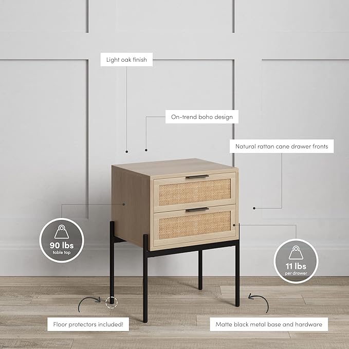 Nathan James Andrew End, Bedside or Side Table in Matte Light Oak Finish with Two Natural Rattan Drawers Doors for Storage and Brass Gold Accents for Living Room or Bedroom, Oak/Cane/Gold, Set of 2