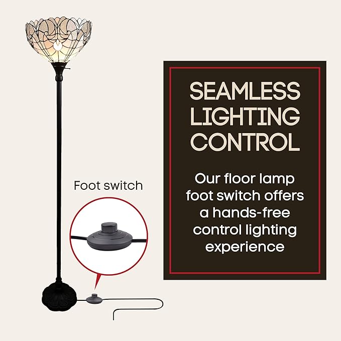 Amora Tiffany Floor Lamp Torchiere - Stained Glass Lamp 72” in White Mahogany - Custom Handcrafted Floor Lamps for Living Room