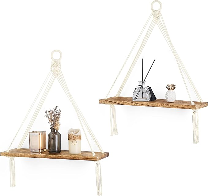 Dahey Macrame Hanging Shelf Boho Wall Decor Bedroom 2 Packs Rustic Wood Floating Shelves for Room Nursery Bathroom Living Room College Dorm Storage for Hanging Plants Photos, White