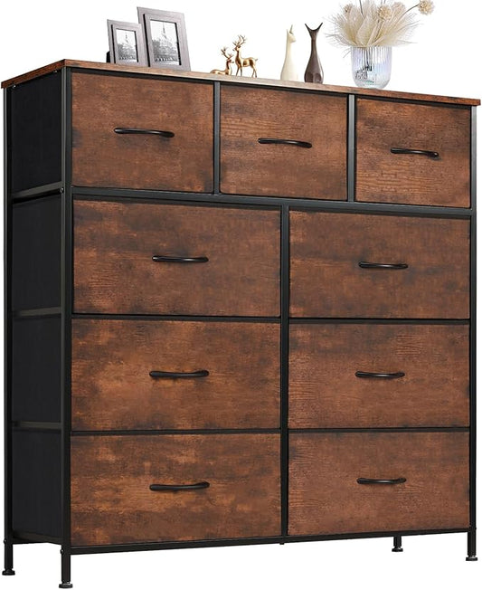 Sweetcrispy Dresser for Bedroom with 9 Storage Drawers, Large Fabric Storage Tower Organizer, Chest of Drawers with Metal Frame Wooden Top for Closet, Living Room, Entryway, Brown