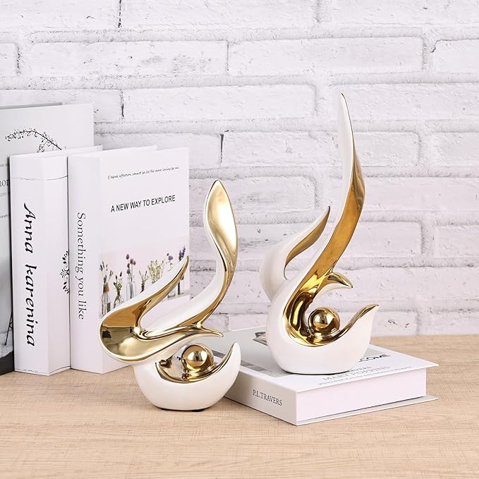 2PCS Abstract Ceramic Sculptures for Modern Decor, Sculptures Home Decor Accent, Abstract Art Figurines for Living Room Decorative Objects, Tabletop Centerpiece for Entryway,Shelf,TV Stand(White Gold)