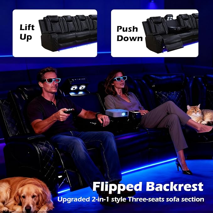 Leather Power Recliner Sectional Sofa Set with LED Light,L Shaped Leather Couch Set with Recliner Chair,Modular Corner Sofa with USB Ports for Living Room Furniture(Black, Sectional+Chair)