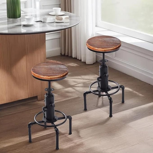 Vintage Industrial Bar Stools,Kitchen Counter Bar Stool Height Adjustable 23.6"-29.5" Swivel Bar Stool, Solid Wood Water Pipe Fire Cafe Pub Bar Stool,Set of 2, Black