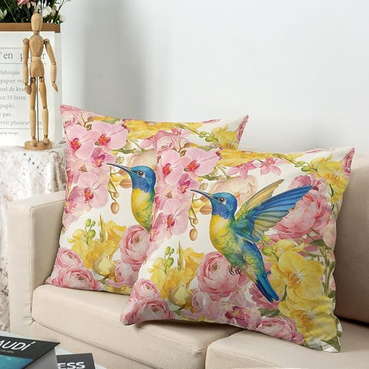 Spring Pillow Covers 18x18 Set of 2 Hummingbird Throw Pillow Covers Pink Yellow Moth Orchid Buttercup Floral Pillow Case for Home Decor Couch Sofa
