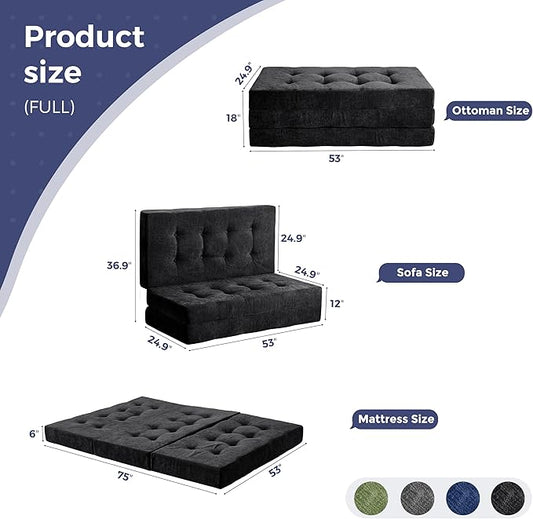 MAXYOYO Tri-Fold Mattress, 6 Inch Tufted Folding Mattress with Chenille Fabric, Portable Full Size Floor Guest Mat for Adults, Foldable Topper for Camping, Black, 53"x75"