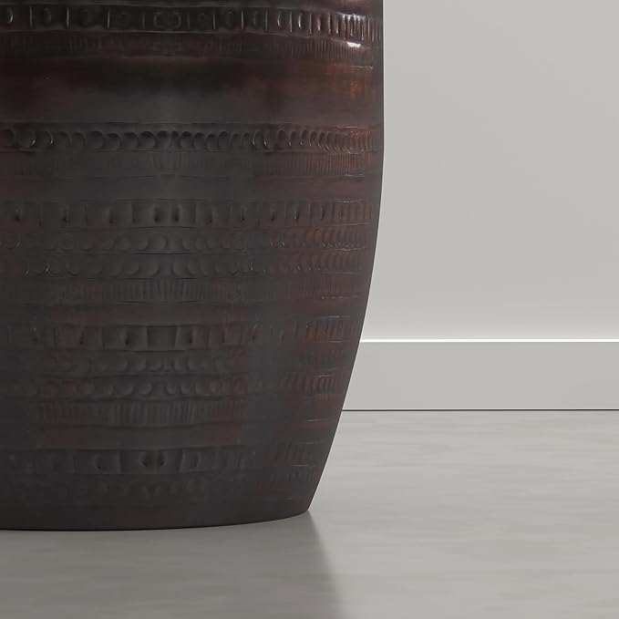 SIMPLIHOME Johnsen Tribal Accent Table – 15 inch Wide Round Metal Drum Side Table in Dark Bronze, Rustic Boho Accent Table for Living Room with Embossed Tribal Pattern, Assembled