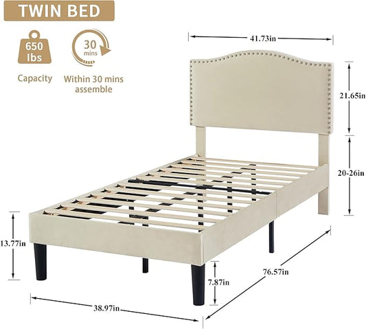 VECELO Twin Bed Frame, Platform Bed Frame with Adjustable Height Upholstered Headboard, Heavy-Duty Frame and Strong Wooden Slats Support, Non-Slip and Noise-Free, Easy Assembly, Beige