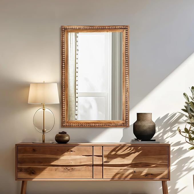 ULIKE Rectangular Wood Mirror with Natural Wooden Bead Frame, 24x36 Inch Rustic Farmhouse Wall Mirror for Bathroom Nursery Bedroom Living Room Brown