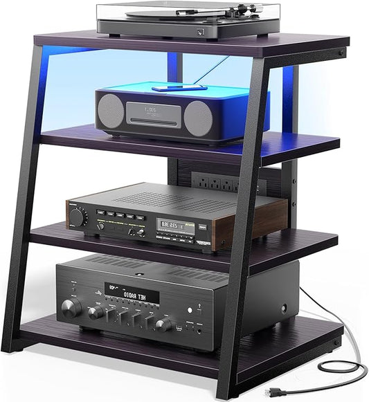 AV Media Stand with Outlets, Stereo Stands and Racks with Vinyl Storage, Stereo Stand with Record Storage, Audio Stereo Rack Cabinet, Turntable Console Stand with LED lights, 4 Tiers, Black Ebony