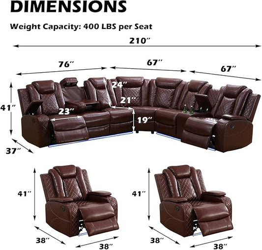 Leather Power Recliner Sectional Sofa Set with LED Light,L Shaped Leather Couch Set with Chair*2,Modular Corner Sofa with USB Ports for Living Room Furniture(Red, Sectional+Chair*2)