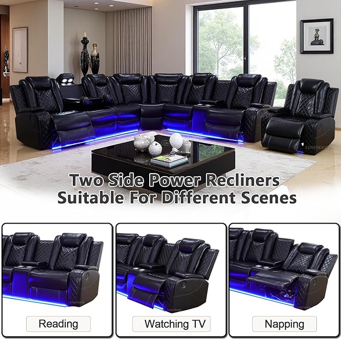 Power Reclining Sectional Sofa Set with LED Light, Leather Sectional Couches, Living Room Furniture Sets, Modern Power Recliner Sofa Sets with 3 Recliner Seater, Couches for Living Room