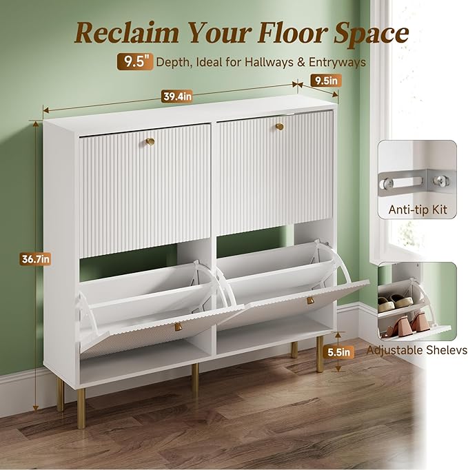 Nicetree Shoe Storage Cabinet for Entryway - 4 Flip Drawers Shoe Cabinet with Tiered Fluted Design - Slim Shoe Storage Rack with Gold Legs - Narrow Shoe Cabinet Hidden Shoe Organizer for Small Spaces