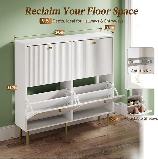 Nicetree Shoe Storage Cabinet for Entryway - 4 Flip Drawers Shoe Cabinet with Tiered Fluted Design - Slim Shoe Storage Rack with Gold Legs - Narrow Shoe Cabinet Hidden Shoe Organizer for Small Spaces