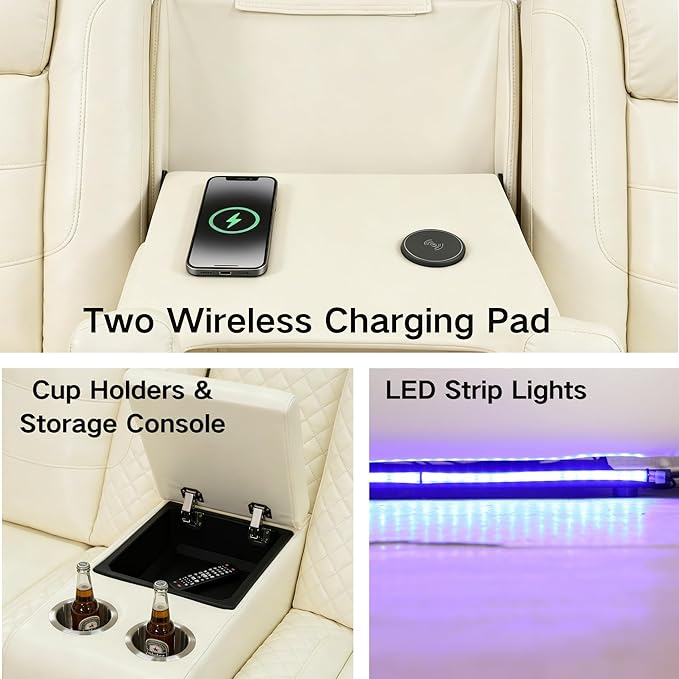 Power Recliner Sectional Sofa with LED Lights & Reading Lamps, Breathing Leather Corner Couch with USB Charging, Storage Console & Cup Holders in Every Armrest, Home Theater Seating for Living Room