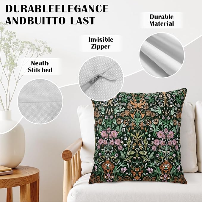 Spring Floral Pillow Covers 18x18 Set of 2 Sage Green Plants Throw Pillows Botanica Vintage Outdoor Decorative Pillowcase for Home Sofa Couch Decor