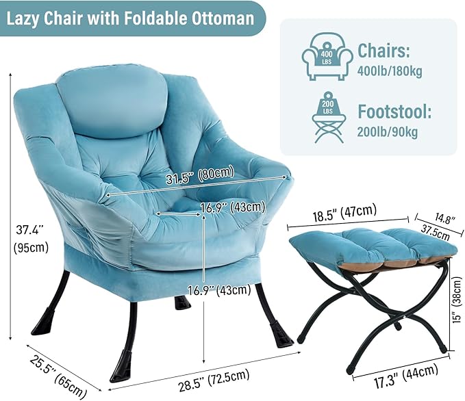 Lazy Chair with Ottoman, Modern Chair with Folding Footrest, Velvet Light Blue Accent Chair, Comfortable Reading Chair, Oversized Armchairs for Bedroom, Study, Living Room, Courtyard