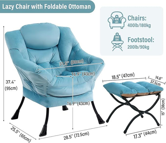 Lazy Chair with Ottoman, Modern Chair with Folding Footrest, Velvet Light Blue Accent Chair, Comfortable Reading Chair, Oversized Armchairs for Bedroom, Study, Living Room, Courtyard