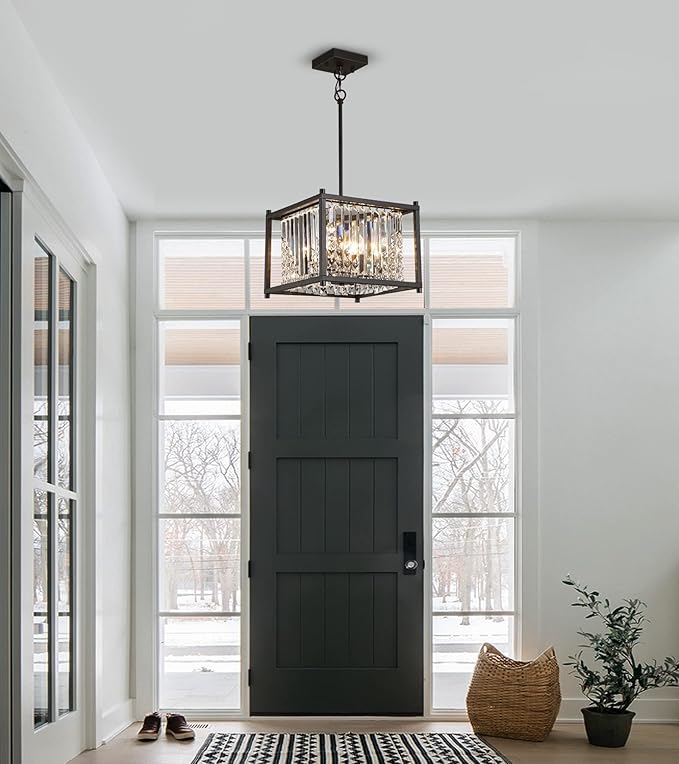 Q&S Modern Chandelier,Farmhouse Industrial Black Square Crystal Chandeliers 4 Lights Hanging Pendant Light Fixture for Dining Room Hallway Entryway Kitchen Island UL Listed