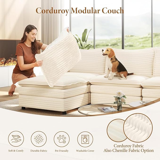 Vesgantti 142" Cloud Couch Sectional Modular Sofa, Comfy Sectional Couch with Ottoman Deep Seat Corduroy L Shaped Sofa, Modular Couches for Living Room, Bedroom and Apartment, Beige | Sink-in Comfort, Height Adjustable, Easy Rearrangement, Extra-deep O...