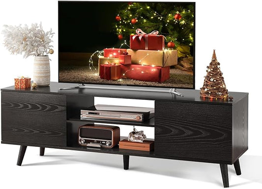 WLIVE Mid-Century Modern TV Stand for 55/60 Inch TV, Entertainment Center with Storage & Adjustable Shelves, Media Console with Soft-Close Cabinets for Living Room/Bedroom, Black
