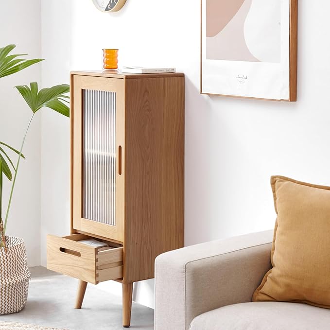 100% Solid Wood Living Room Cabinet, Narrow Storage Cabinet with Doors and Shelves, Kitchen Pantry Storage Cabinet for Kitchen, Home Office(12.6" D x 14.9" W x 39.3" H, Natural)