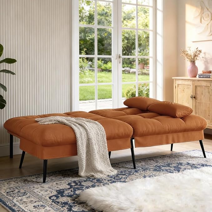 COMHOMA 72″Futon Sofa Bed,Modern Convertible Sleeper Sofa, Fabric Futon Couch with Multi-Position Backrest for Living Room Furniture (Brown)