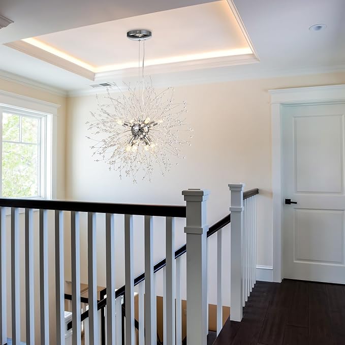 SineRise Modern Crystal Chandeliers Firework, Crystal Light Fixture, Dandelion Chandelier (8-Light, Chrome) for Foyer Hallway Entryway Kitchen Bedroom (Bulbs Not Included)