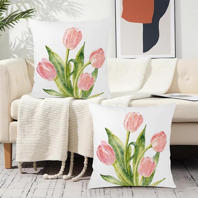 Spring Floral Pillow Covers 20x20 Set of 2 Pink Tulip Throw Pillow Covers Summer Flower Farmhouse Decorative Throw Pillows for Home Couch Sofa Bed Decor