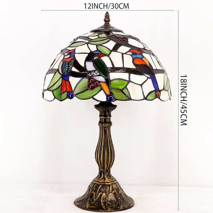 WERFACTORY Tiffany Table Lamp Mix Color Stained Glass Bedside Lamp Double Birds Reading Desk Light 12X12X18 Inches Decor Bedroom Living Room Home Office S805 Series