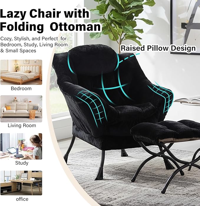 Lazy Chair with Ottoman, Modern Chair with Folding Footrest, Plush Black Accent Chair, Comfortable Reading Chair, Oversized Armchairs for Bedroom, Study, Living Room, Courtyard