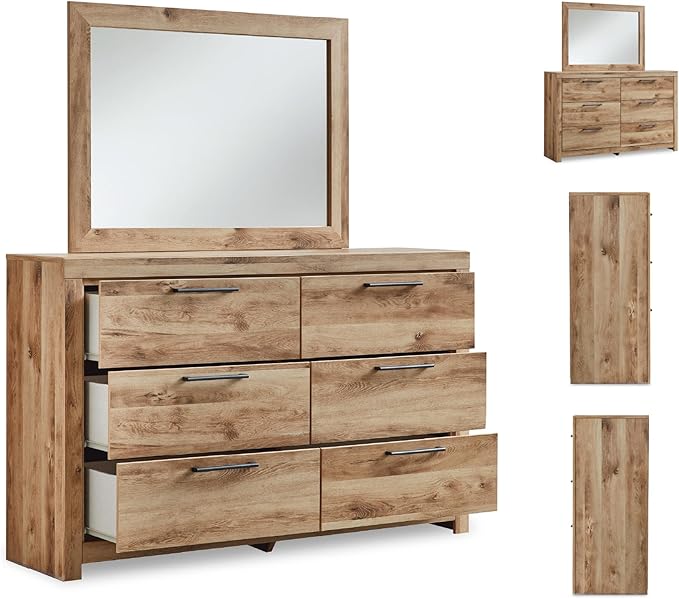 Signature Design by Ashley Hyanna Rustic Smooth-Gliding 6-Drawer Dresser and Mirror with Safety Stop, Light Brown
