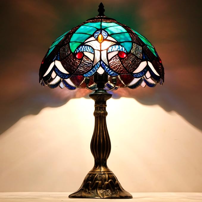 WERFACTORY Tiffany Style Lamp Green Liaison Stained Glass Bedside Table Lamp Reading Desk Light 12X12X18 Inches Decor Nightstand Bedroom Living Room Home Office S160G Series