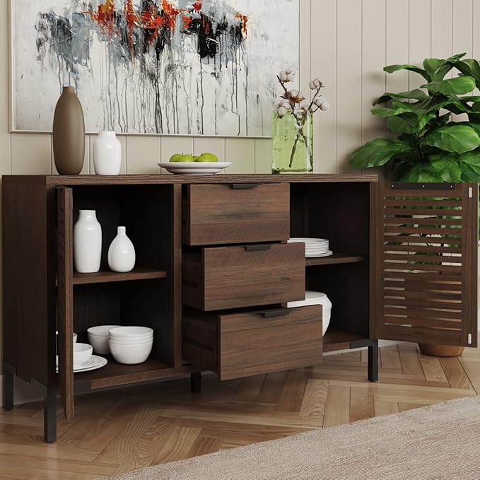 Bme Millie Solid Wood Sideboard Storage Cabinet with Storage, Pre-Assembled with 3 Drawers & 2 Doors, Adjustable Shelves